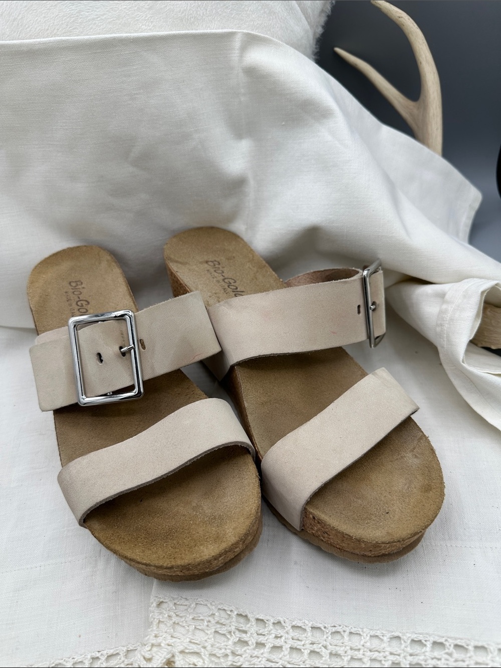 Bio-Gold Leather Sock Platform Sandal Sz 7.5